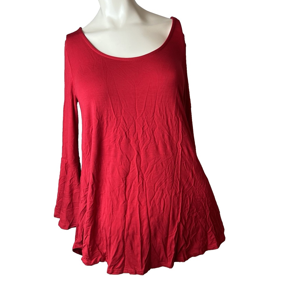 Mittoshop Red Ruffle 3/4 Sleeve Round Neck Scoop Back Bamboo Top Small